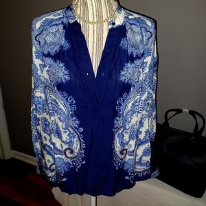 H&M boho puffy long sleeve blouse navy blue and white, button cuffed sleeve, Med